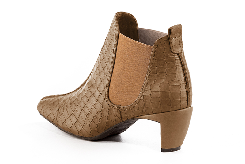 Women's camel beige elegant Chelsea ankle boots, with side elastics. Square toe. Medium comma heels - Rear view
